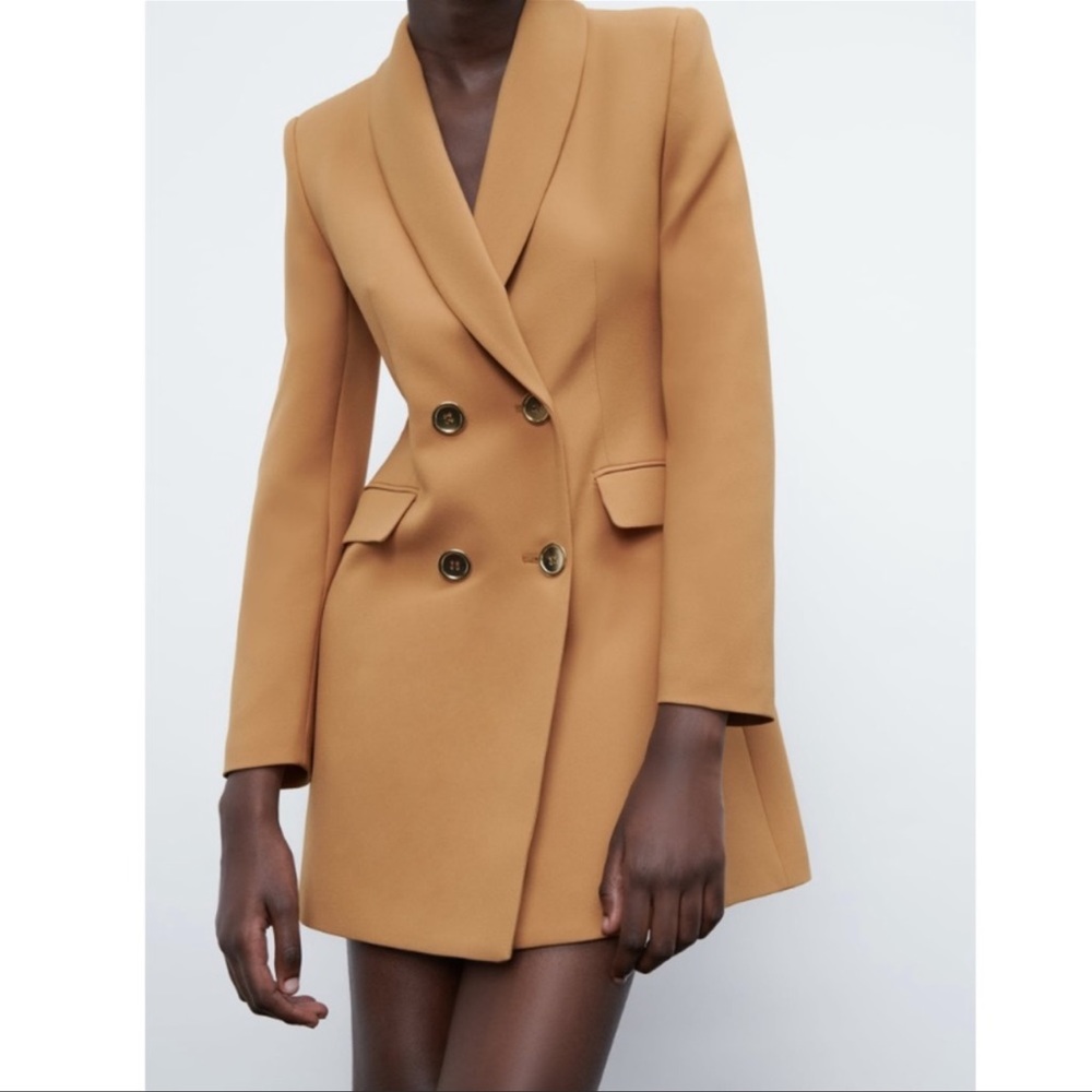 ZARA DOUBLE-BREASTED LONG BLAZER JACKET / DRESS - LIGHT TAUPE